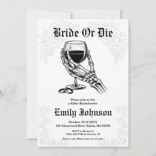 Bride or Die Gothic Skeleton Bachelorette Party 招待状 (正面)