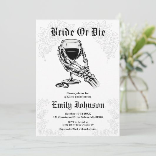 Bride or Die Gothic Skeleton Bachelorette Party 招待状 (スタンド正面)
