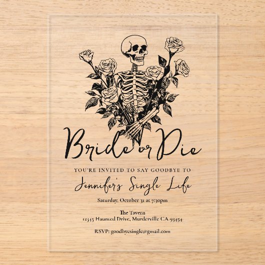 Bride or Die Skeleton Floral Bachelorette Party アクリル招待状 (正面)