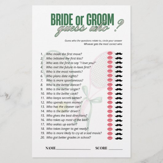 Bride or Groom Guess Who Game Card | Tennis Theme  (正面)