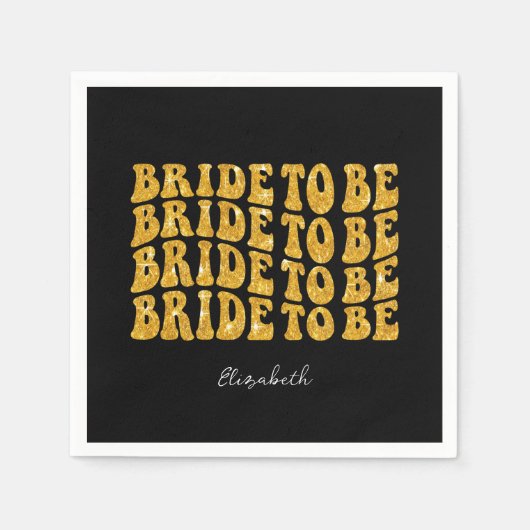 Bride to Be Gold Glitter Text with Name, Black スタンダードカクテルナプキン (正面)