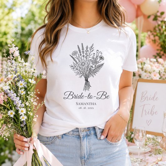 Bride To Be Name & Date Floral Wedding Party トライブレンドＴシャツ