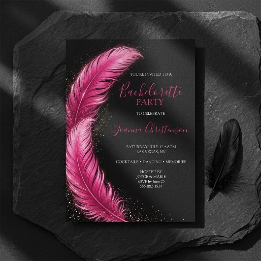 Bride-to-Be Pink Feather Glam Bachelorette Party 招待状