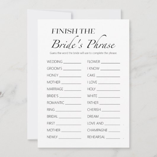 Bridesフレーズのブライダルシャワーゲームカードを完成させる 招待状 (正面)