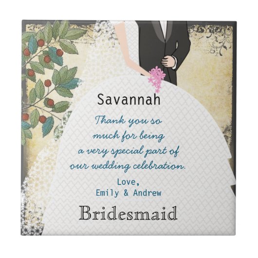 Bridesmaidありがとうタイルのガウンの木Filigree Swirl タイル (正面)