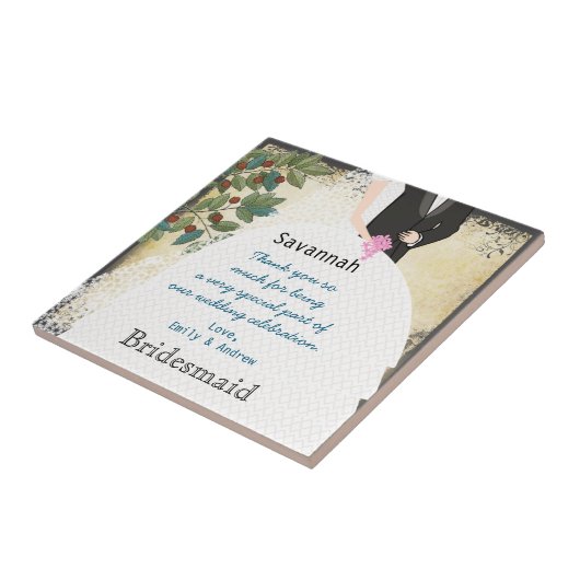 Bridesmaidありがとうタイルのガウンの木Filigree Swirl タイル (側面)