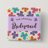 BRIDESMAIDシックなデイジーポップ・アートのかわいい結婚の名前タグ 缶バッジ (正面)