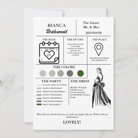 Bridesmaid情モダン報カードブライダルパーティカード 招待状 (正面)