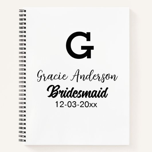 Bridesmaid add name monogramシンプルミニマルモダン ノートブック (正面)