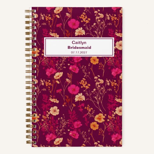 Bridesmaid Burgundy Floral Pattern Notebook ノートブック (正面)