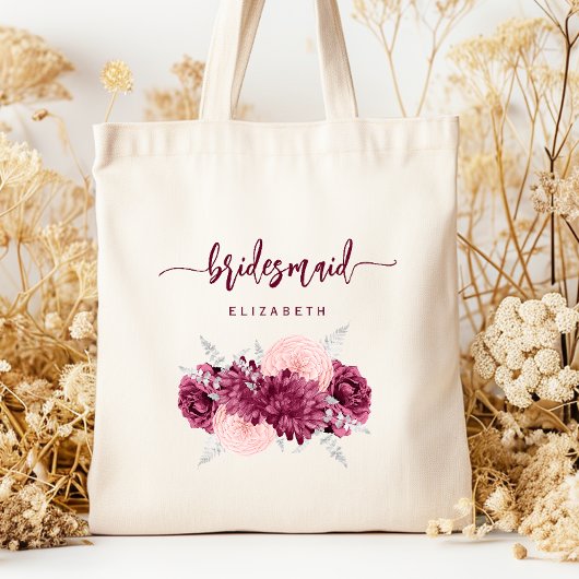 Bridesmaid Floral Burgundy Blush Script トートバッグ