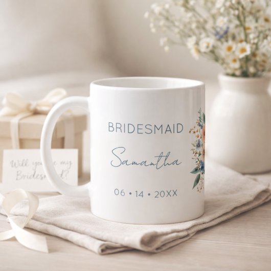 Bridesmaid Gift Blue Floral Personalized コーヒーマグカップ