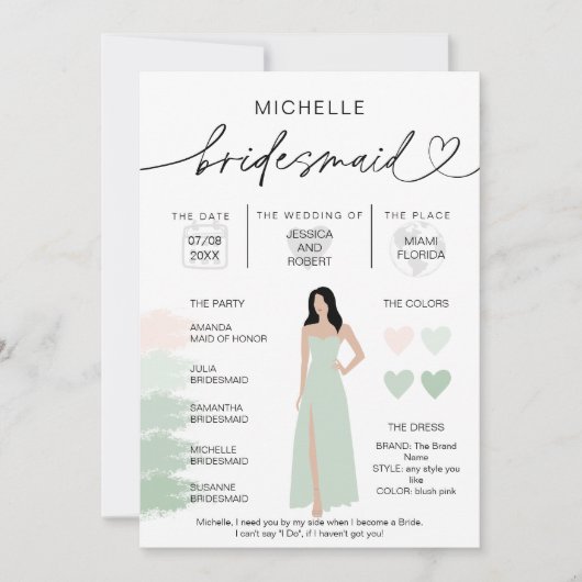 Bridesmaid Info SageカラーパレットインフォグラフィックInv 招待状 (正面)
