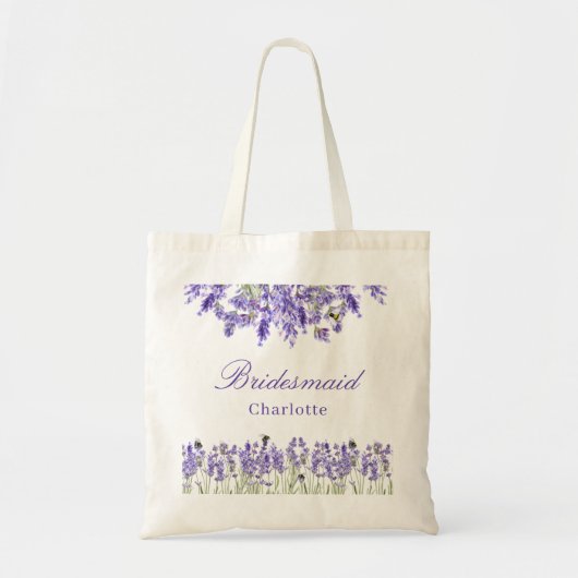 Bridesmaid lavender花模様violet nameスクリプト トートバッグ (正面)
