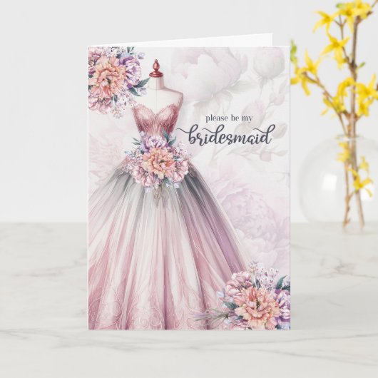 Bridesmaid Request Blush Pink Botanical Gown カード (黄色い花)