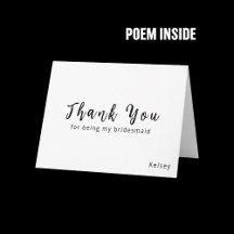 Bridesmaid Thank You Card with Poem Inside