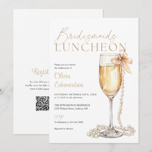 Bridesmaids Luncheon Champagne QR Code 招待状 (正面/裏面)