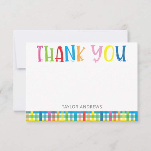 Bright カラフル Plaid Thankパーソナライズされた Notes サンキューカード (正面)