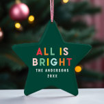 Bright 1 photo green fun modern Christmas family  セラミックオーナメント<br><div class="desc">Bright colorful green fun modern 1 photo Christmas family all is bright ornament</div>