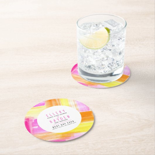 Bright abstract art pink yellow peach wedding ラウンドペーパーコースター (インサイチュ)