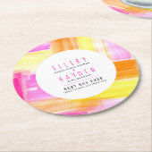 Bright abstract art pink yellow peach wedding ラウンドペーパーコースター (アングル)