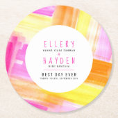 Bright abstract art pink yellow peach wedding ラウンドペーパーコースター (正面)