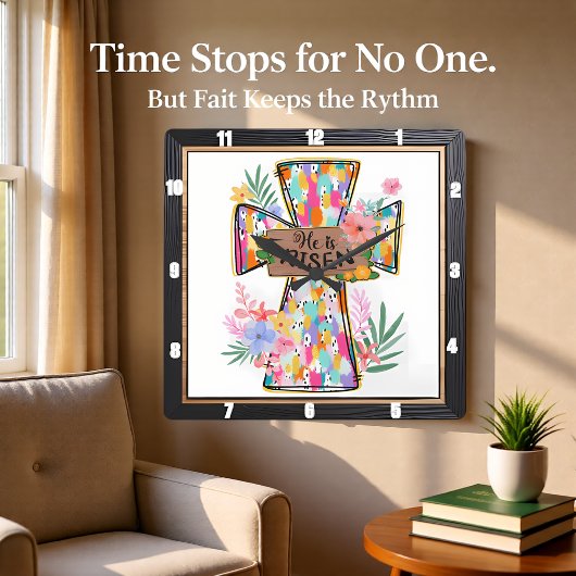 Bright Abstract Floral He Is Risen Cross スクエア壁時計