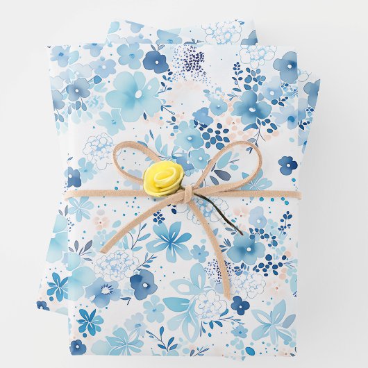 Bright Airy Blue Summer Floral Pattern ラッピングペーパーシート