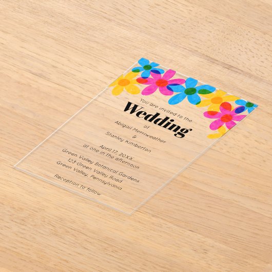 Bright and Bold Hippie Flowers Spring Wedding アクリル招待状 (レイダウン)