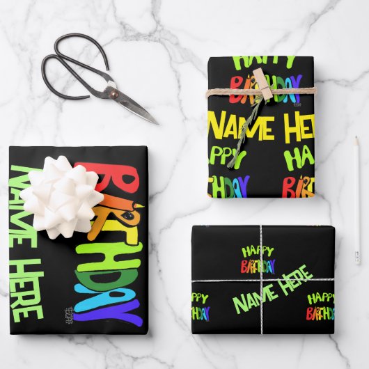 Bright and Happy Birthday Custom Name ラッピングペーパーシート (正面)