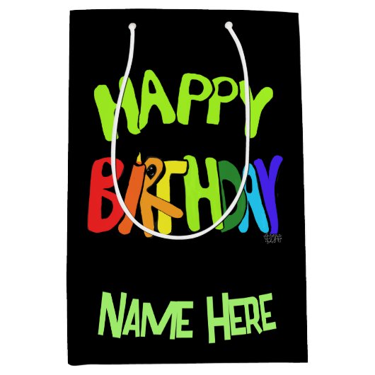  Bright and Happy Birthday Custom Name Gift Bag ミディアムペーパーバッグ (正面)