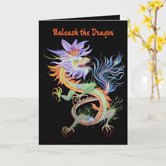 Bright and Vivid Chinese Fire Dragon Cut Out カード (黄色い花)