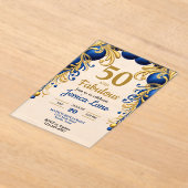 Bright Blue and Flat Gold Birthday Party アクリル招待状 (レイダウン)