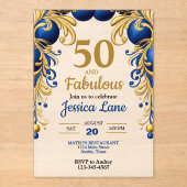 Bright Blue and Flat Gold Birthday Party アクリル招待状 (正面)