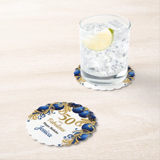 Bright Blue and Flat Gold Birthday Party ペーパーコースター (インサイチュ)