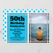 Bright Blue Photo 50th Birthday Partyへの招待 招待状 (正面/裏面)