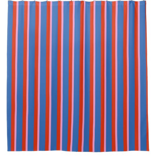 Bright Blue Red Pink Retro Stripe Pattern シャワーカーテン (正面)