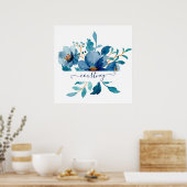 Bright blue watercolor floral personalized   ポスター (キッチン)