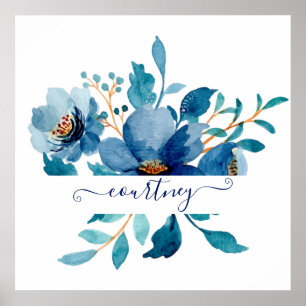 Bright blue watercolor floral personalized ポスター