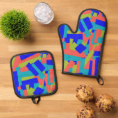 Bright Bold Blue Green Coral Abstract Patches 鍋つかみ&鍋敷きセット (トップダウン)