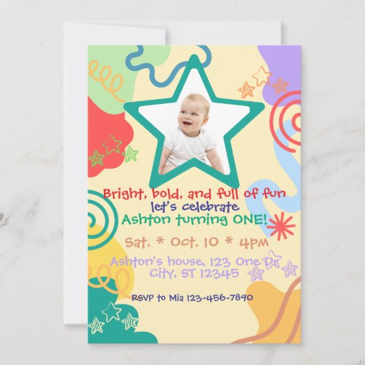 Bright, bold, fun 1st Birthday 招待状 (正面)
