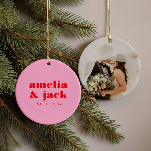 Bright Bold Pink and Red Modern Monogram Wedding セラミックオーナメント