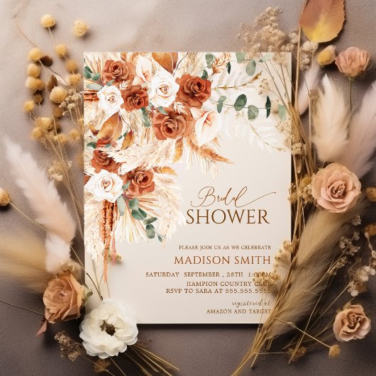 Bright Bold Terracotta Floral Boho Bridal Shower 招待状