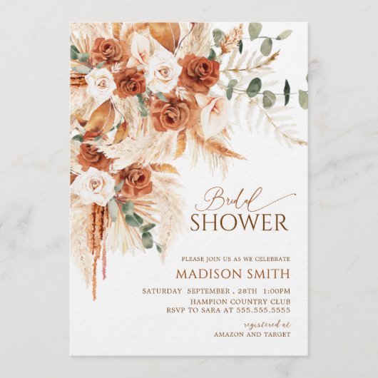 Bright Bold Terracotta Floral Boho Bridal Shower 招待状 (正面)