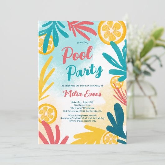 Bright bold Tropical beach pool party Sweet 16 招待状 (スタンド正面)