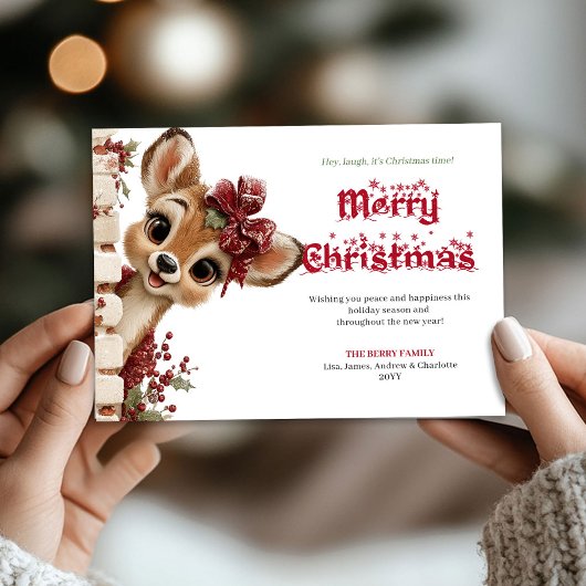 Bright Christmas baby deer peeking cheerful card シーズンカード