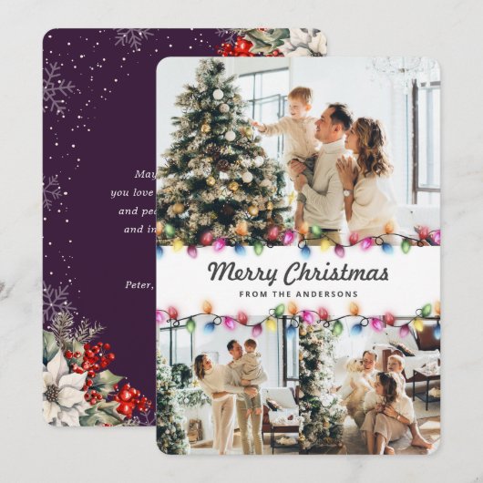 Bright Christmas Lights Purple Botanical Photo シーズンカード (正面/裏面)