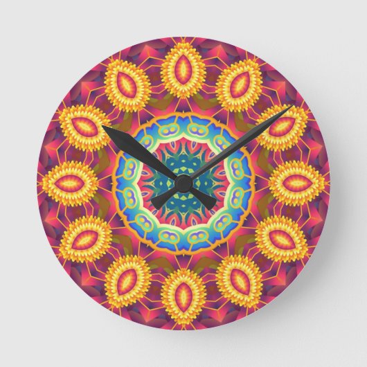 Bright Colorful Abstract Floral Mandala ラウンド壁時計 (正面)