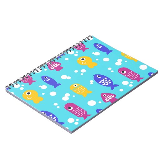Bright Colorful Cartoon Fish Pattern Blue ノートブック (左側)