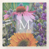 Bright Colorful Monogram Flowers ガラスコースター (正面)